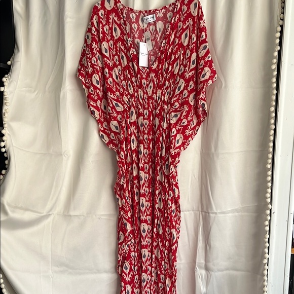 NWT Rujuta Sheth Anthropologie One Size Kaftan Dress Red Pattern - Picture 2 of 8